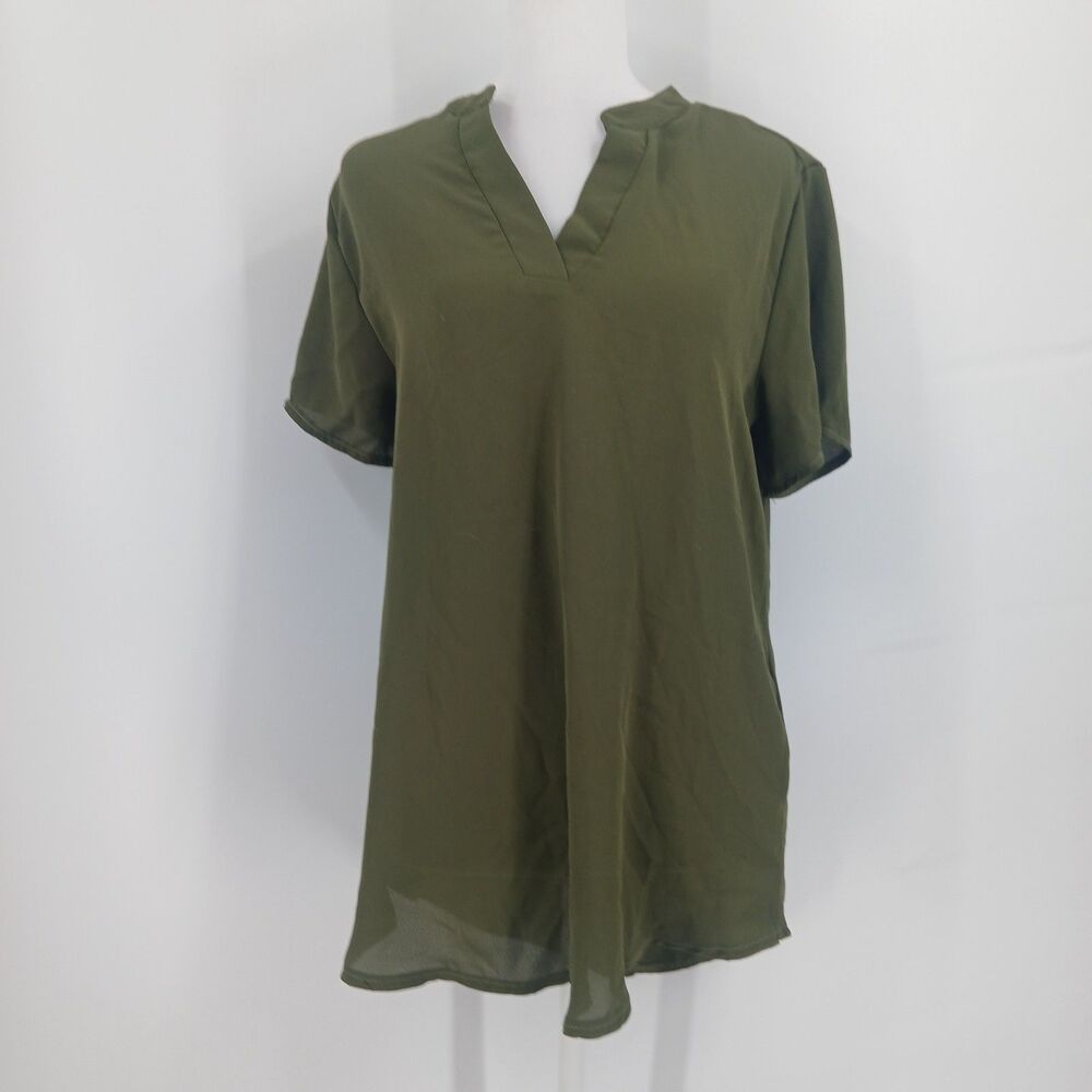 Olive Green Short Sleeve High Low Tunic Top Womens Size Medium Casual Blouse